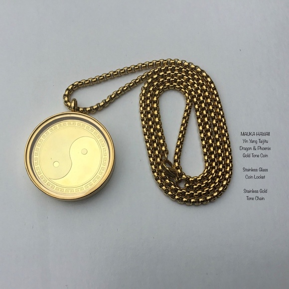 Yin Yang Taijitu Gold Tone Coin + Glass Stainless Locket + 60cm Stainless Chain - Picture 3 of 11